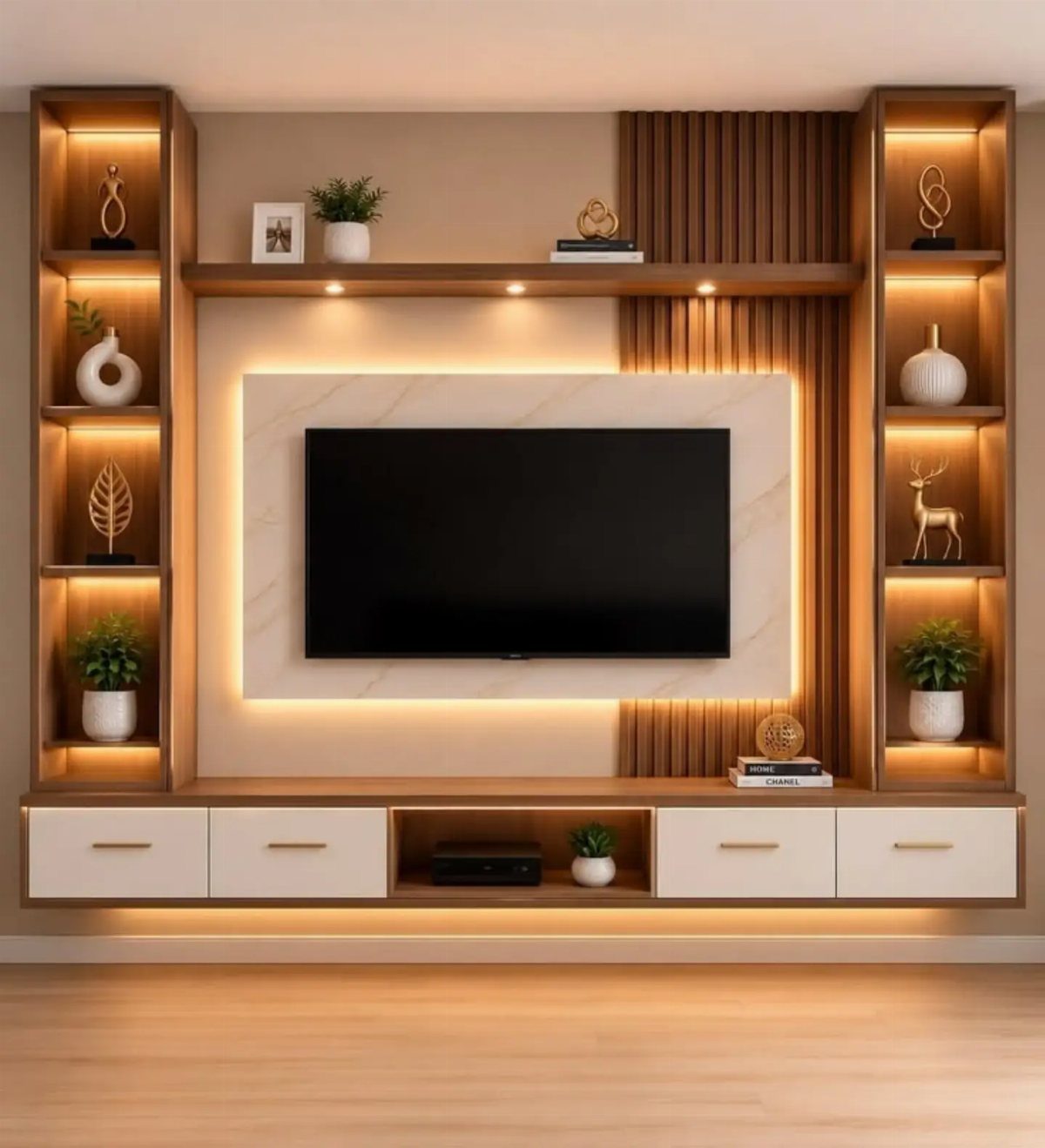 Modern wall-mounted TV unit with backlit marble panel and light wood shelving.