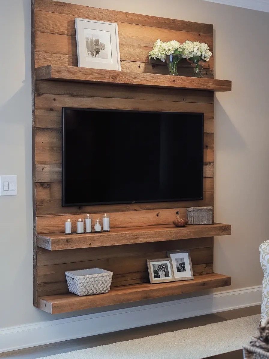 Rustic wooden wall panel with a mounted TV and three floating wooden shelves.