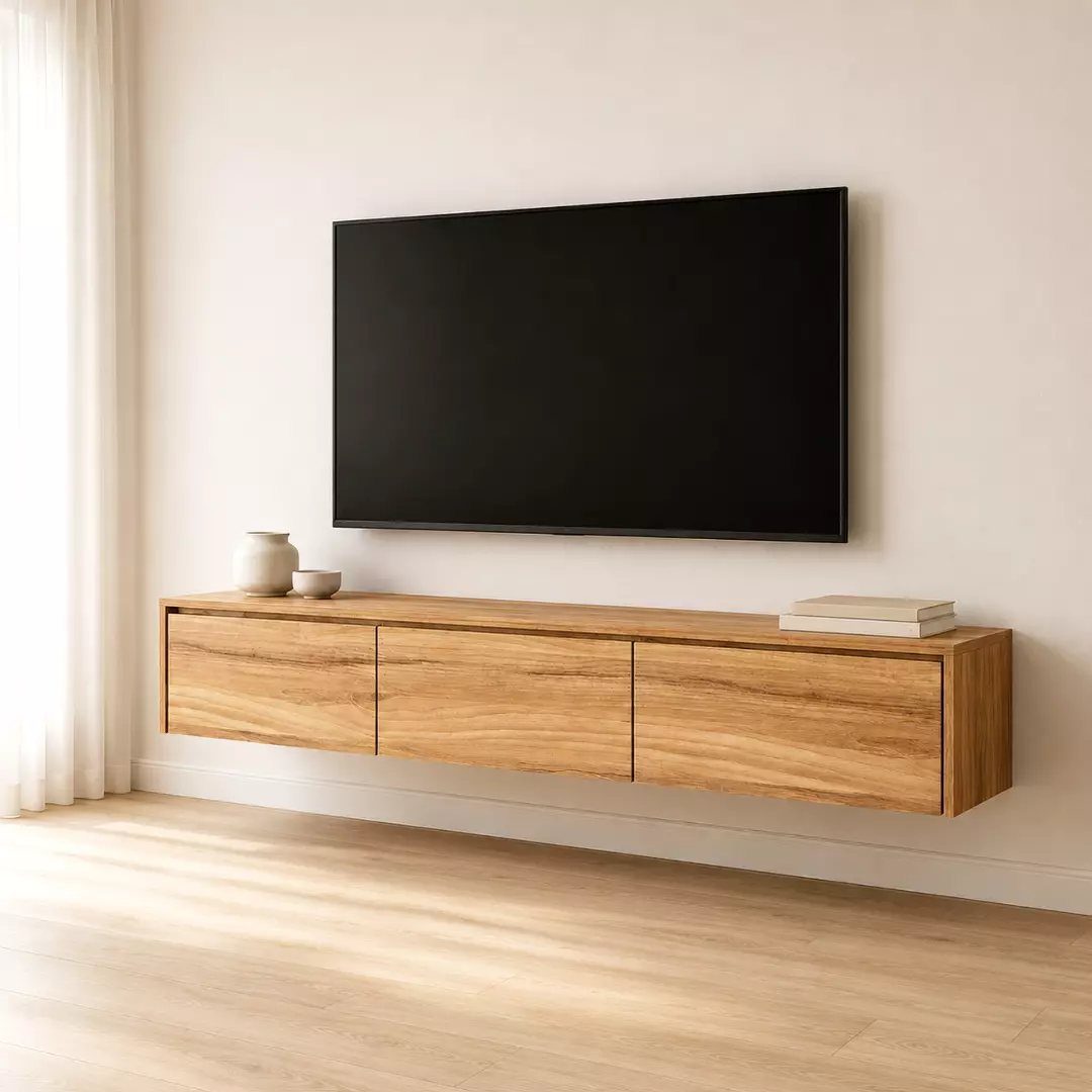 Floating wooden TV stand with natural grain under a black flat-screen television.