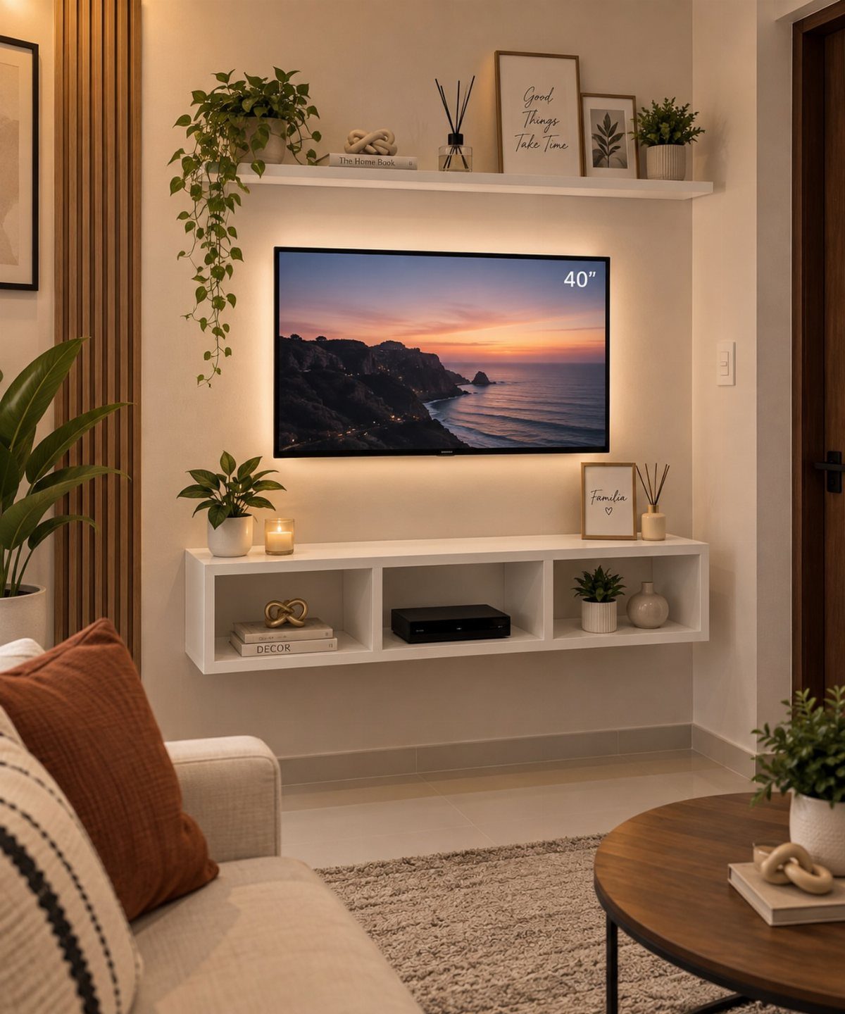 Wall-mounted TV with a white floating cabinet and shelf in a modern living room