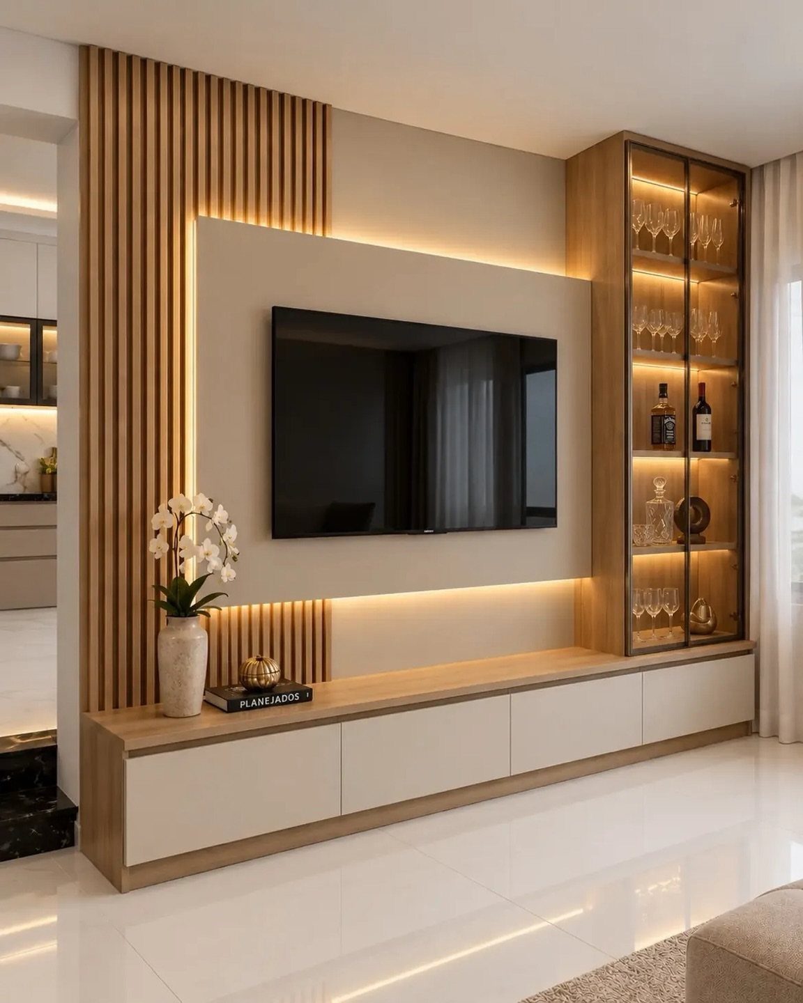 Modern matte beige TV cabinet with backlit wall panel and wooden slat accents.