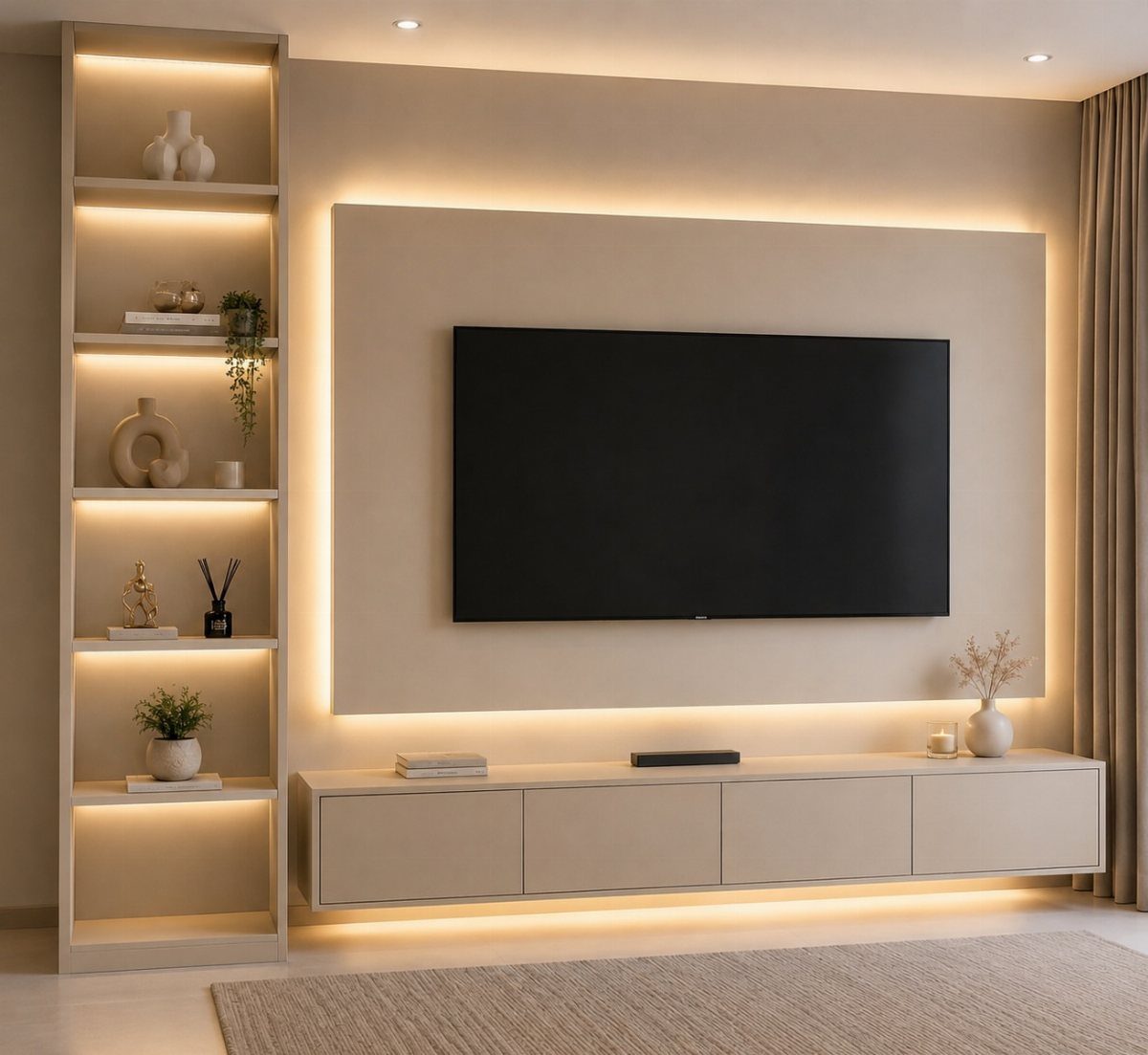 Modern TV wall unit with backlit panel, floating cabinet, and open display shelving.