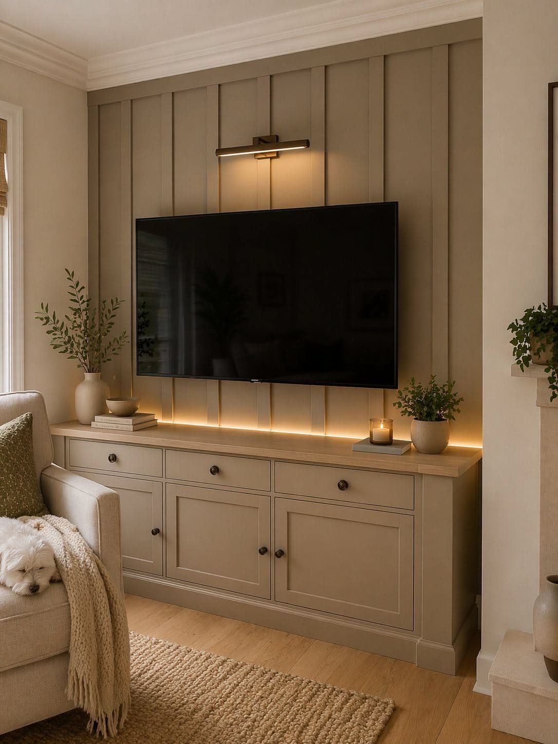 Beige tongue and groove wood paneled wall with a mounted TV and built-in cabinetry.