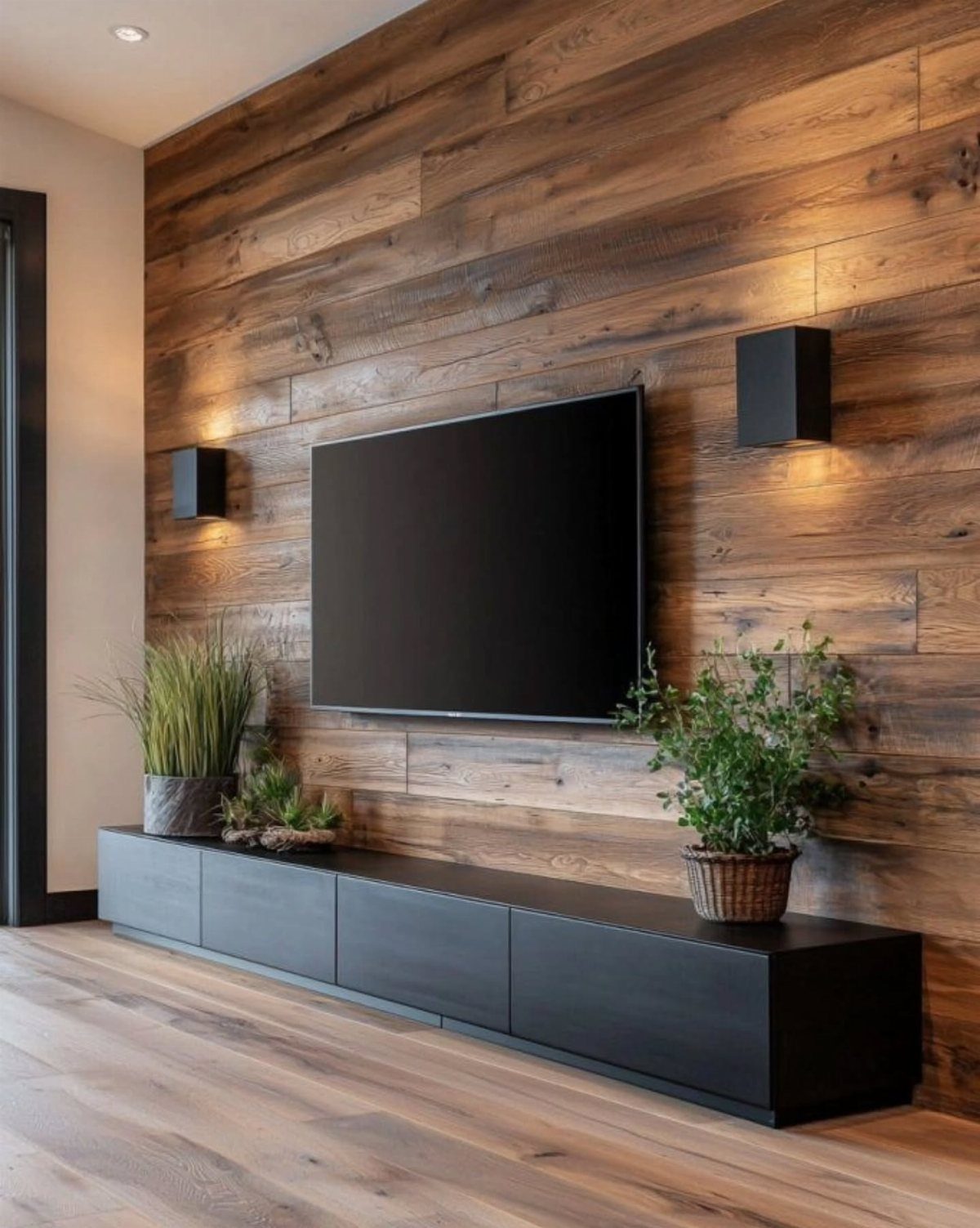 Flat-screen TV mounted on a horizontal brown wood plank wall with black cabinet.