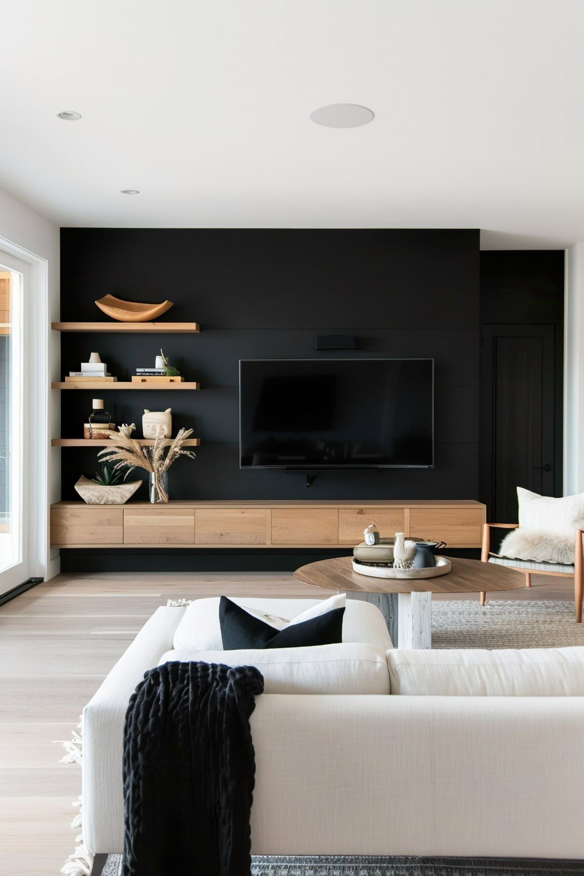 Matte black accent wall with mounted TV, wooden floating shelves, and light wood console.