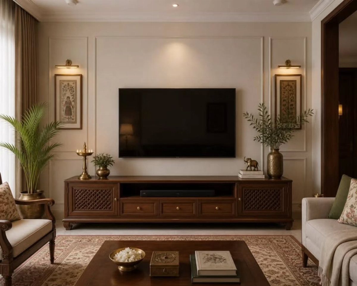 Flat-screen TV mounted on a beige wall with decorative frame molding and wood console.