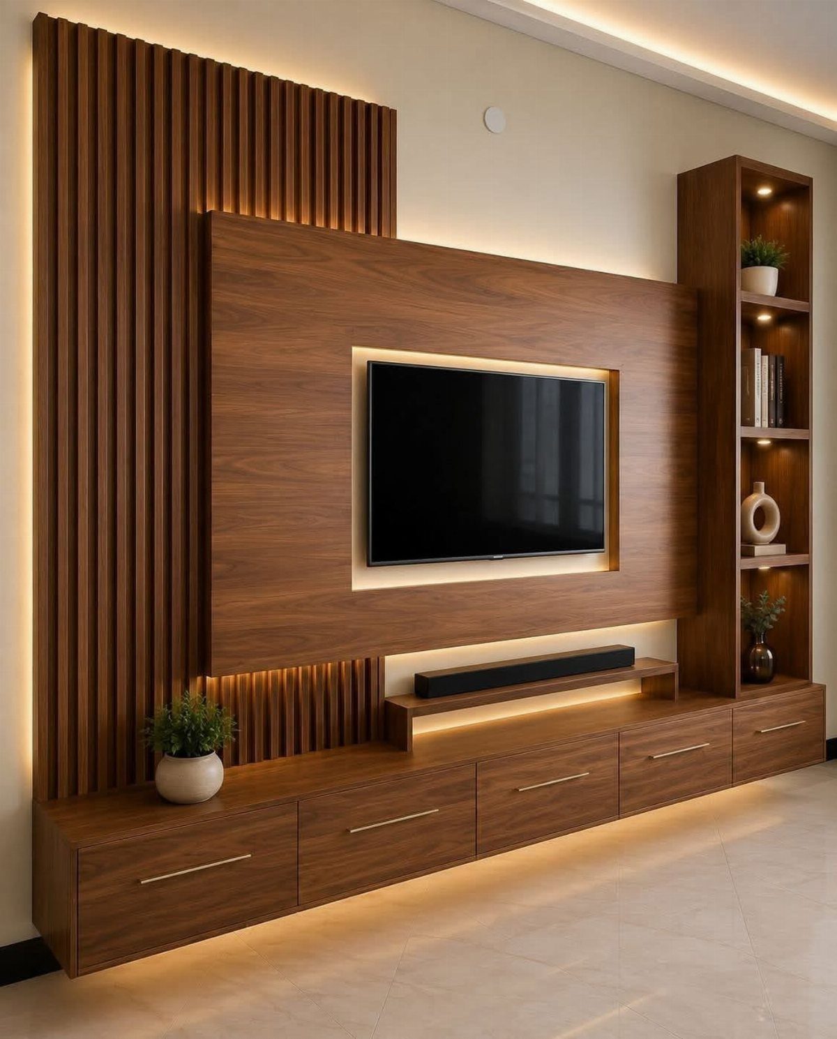 Walnut wood paneling and vertical slats behind a wall-mounted television with LED lighting.