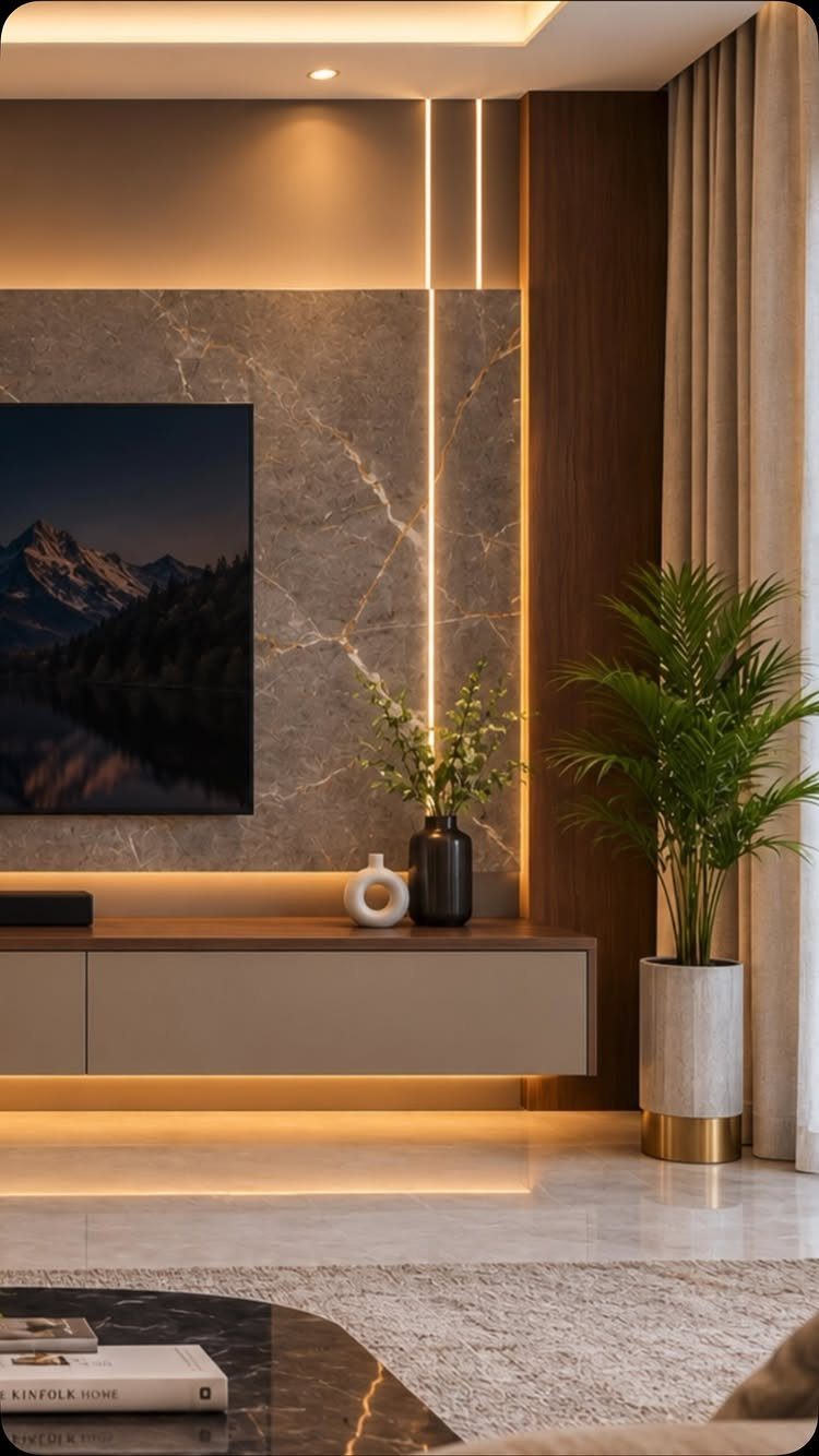 Wall-mounted TV with grey marble backdrop and vertical wood paneling with LED lighting.