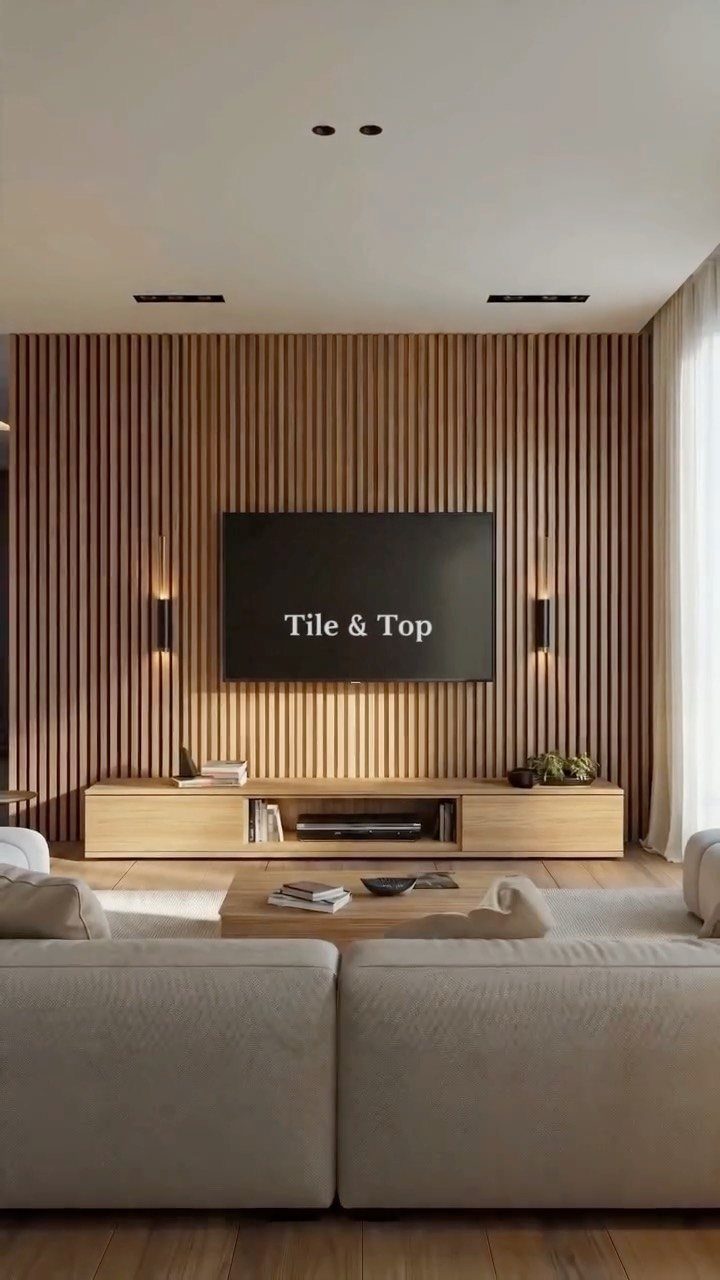 Vertical wood slat wall panel behind a mounted television in a modern living room.