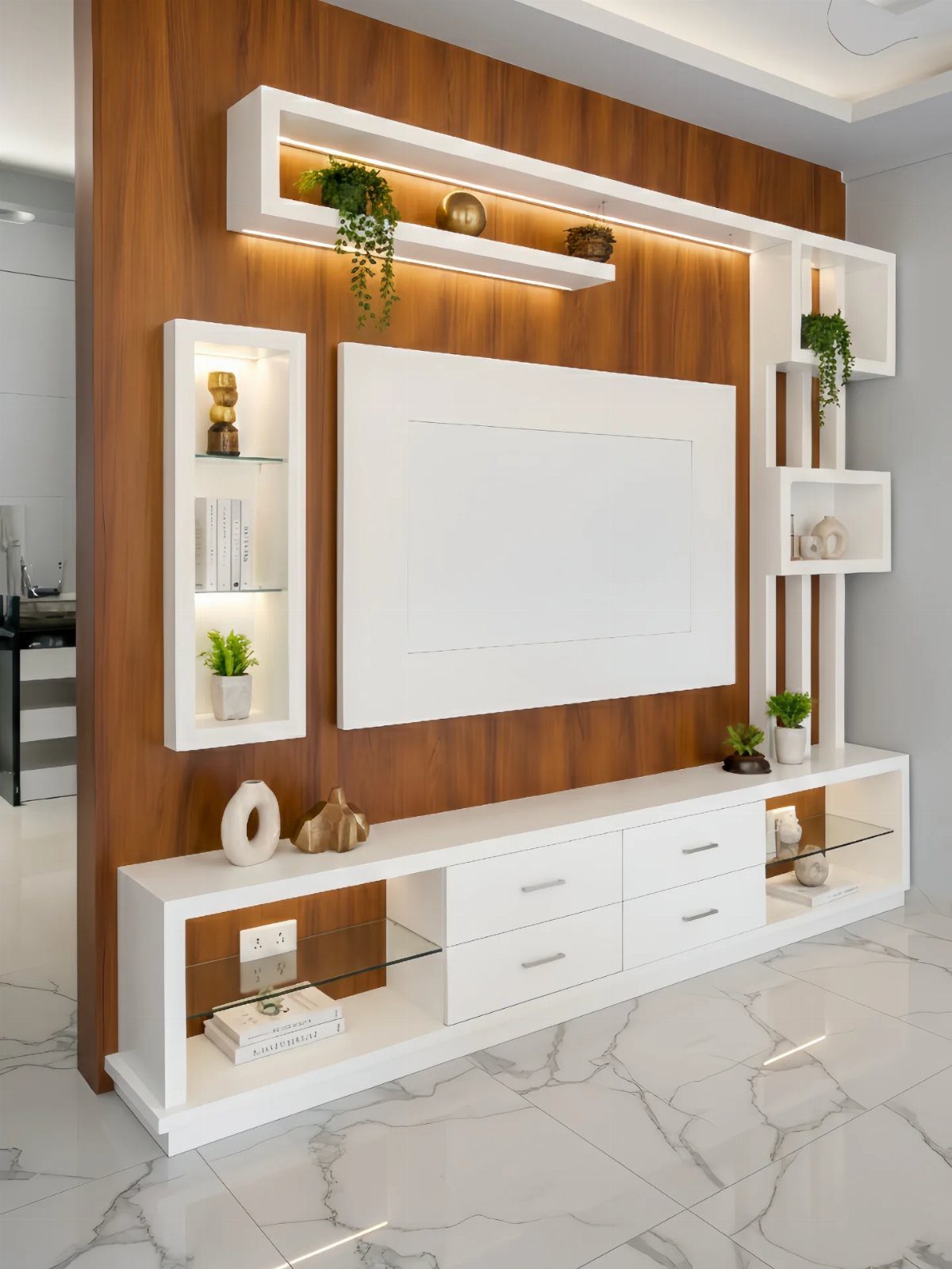 Wooden panel TV wall with white shelving and warm LED backlighting accents.