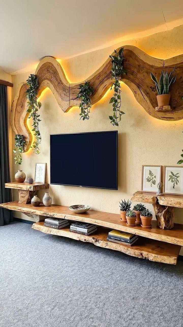 Live-edge wooden wall panel and floating shelf surrounding a wall-mounted television.